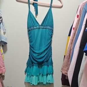 Teal Halter Dress with Ruffle Hem